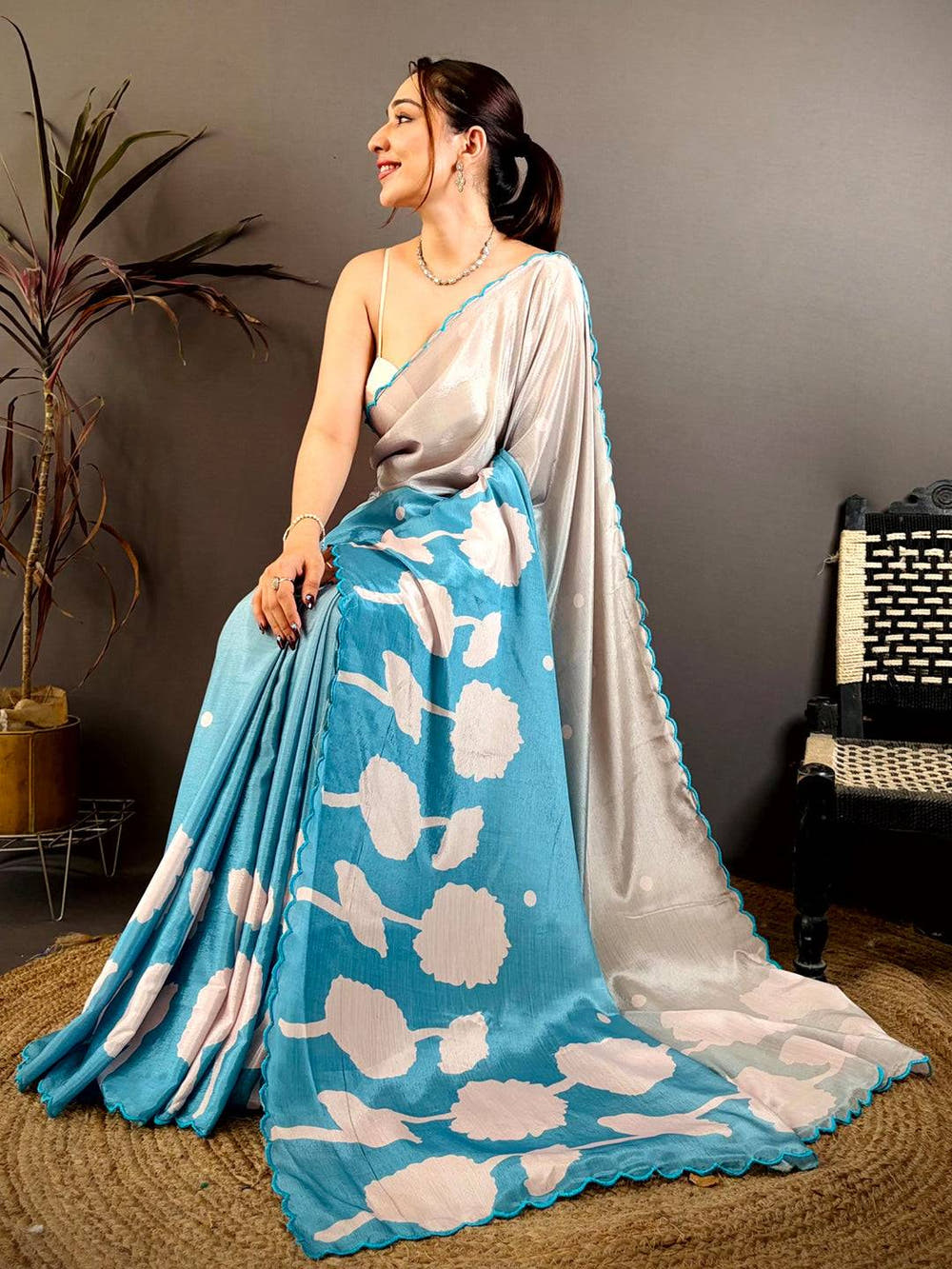 Stylish Floral Print Embroidered Chinnon Saree