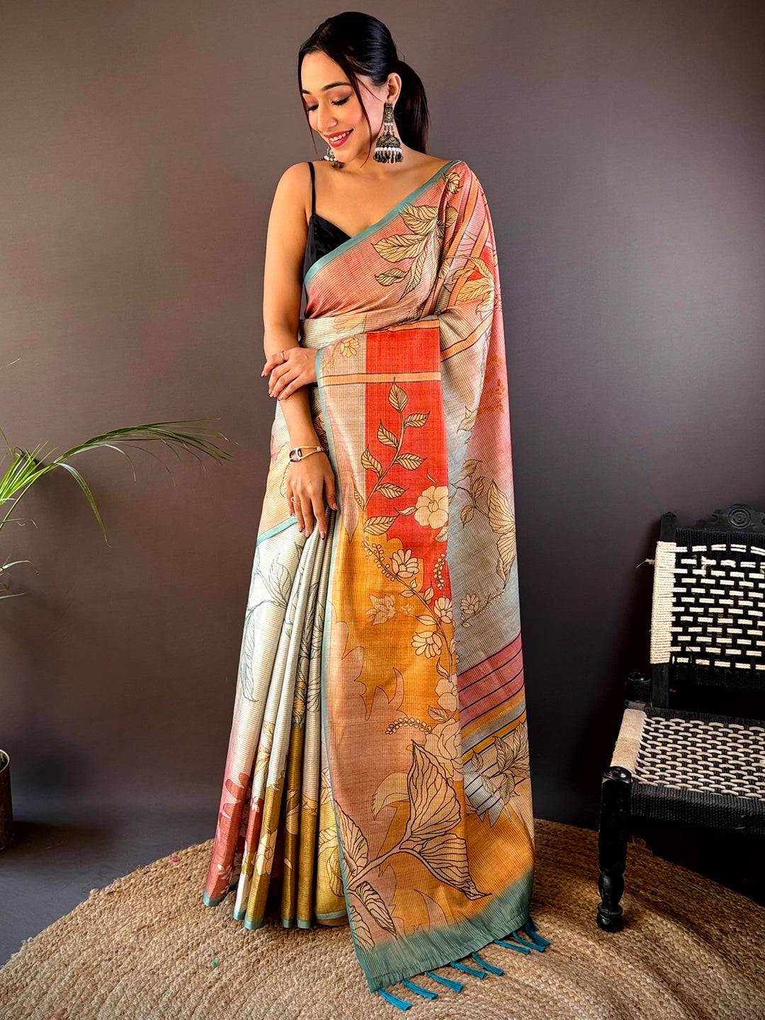 Rama Abstract Floral Zari Tussar Saree
