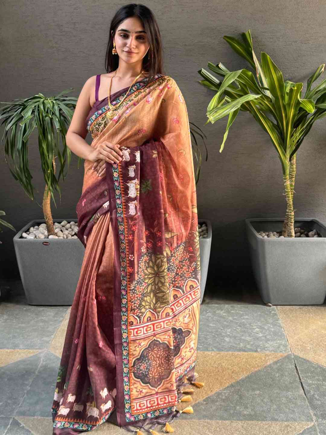Soft Linen Ombre Pichwai Printed Wine Colour Saree