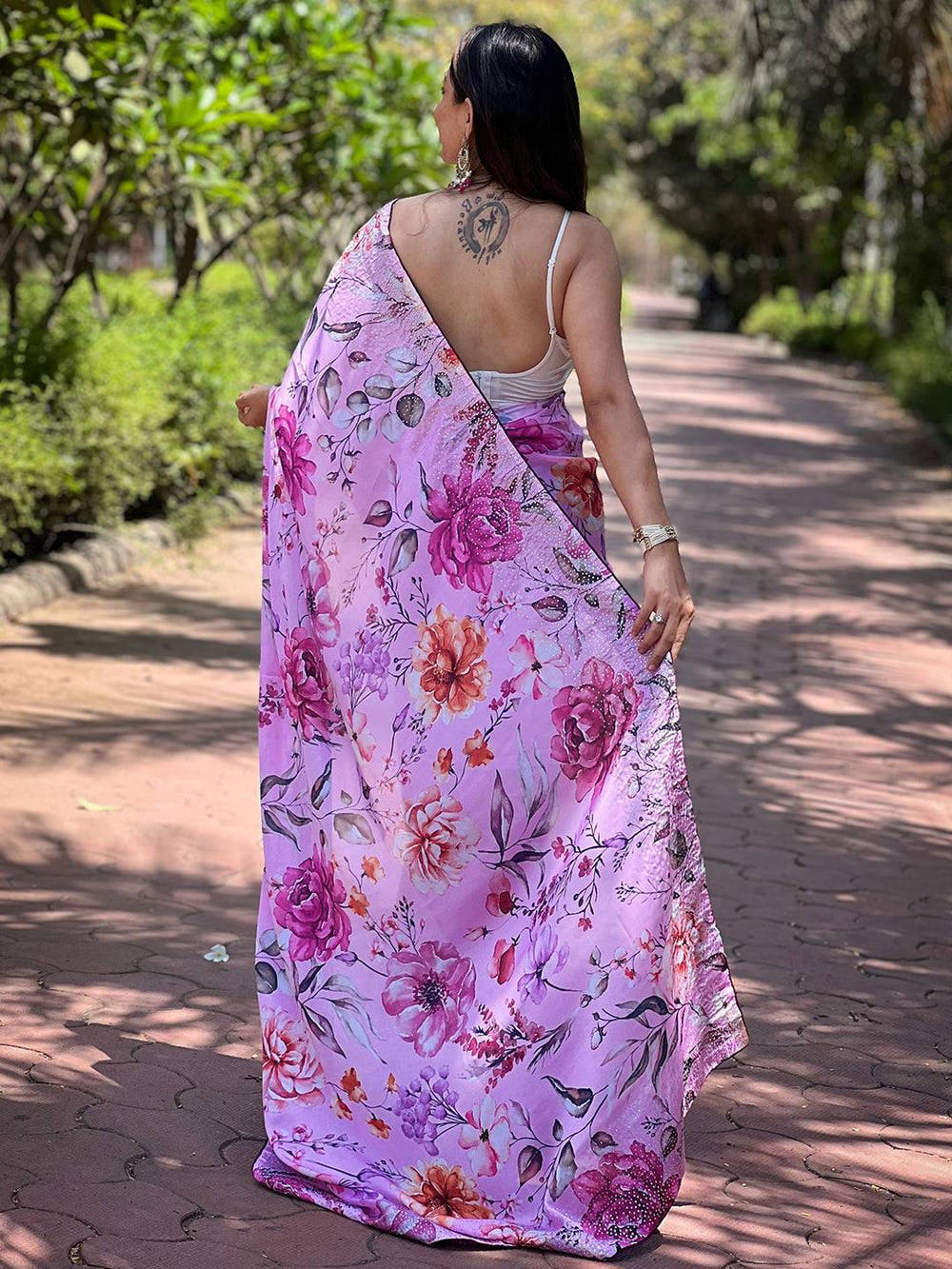 Satin Georgette Pink Floral Digital Print Saree