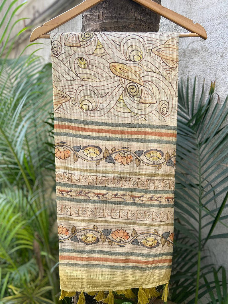 Yellow Soft Kota Doriya Silk Saree With Flower Kalamkari Print