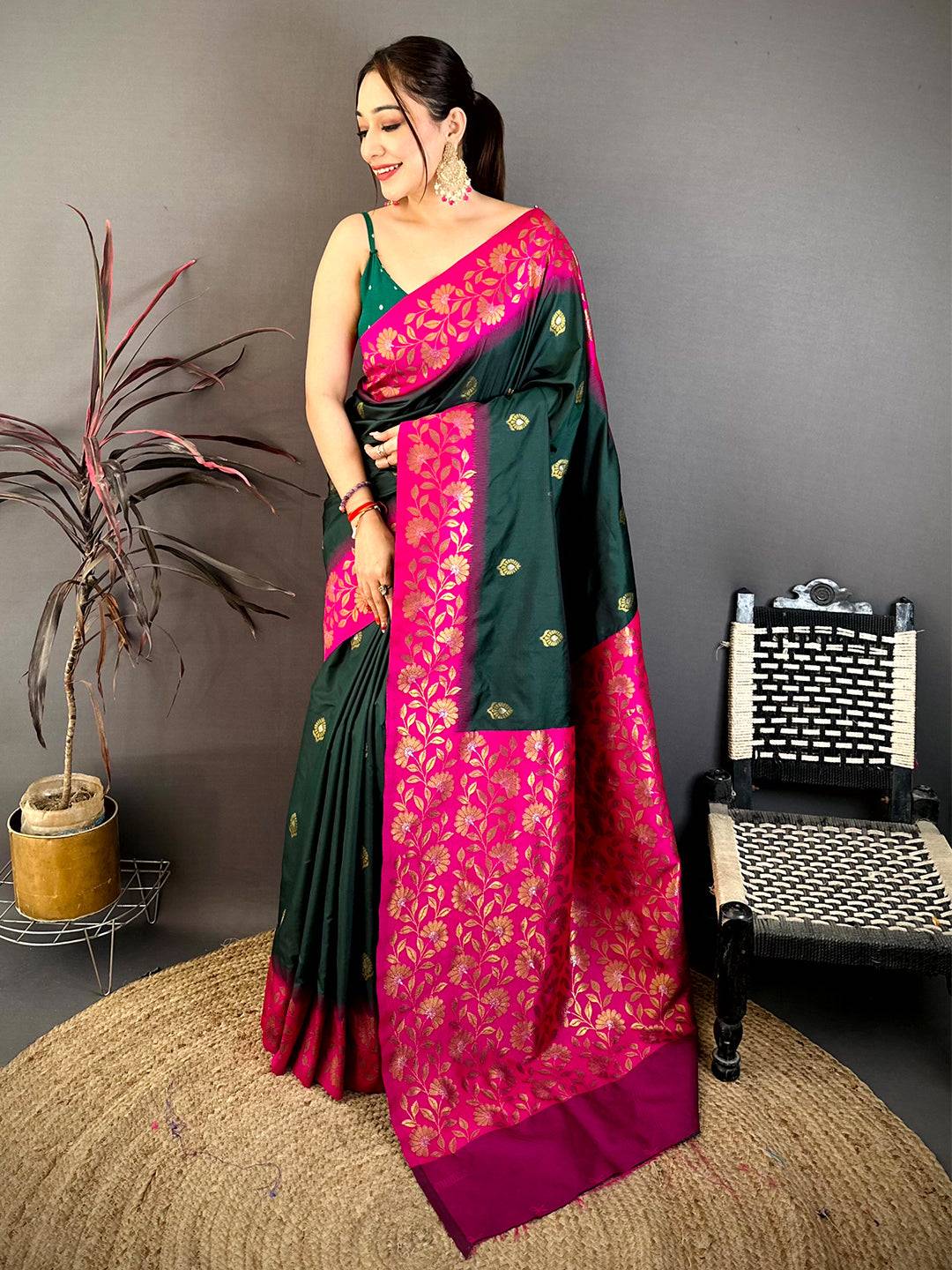 Deep Green Soft Silk Kanjivaram Saree