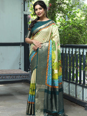 Pichwai Print Zari Weaving Pallu Saree In Pista Colour - Luxe