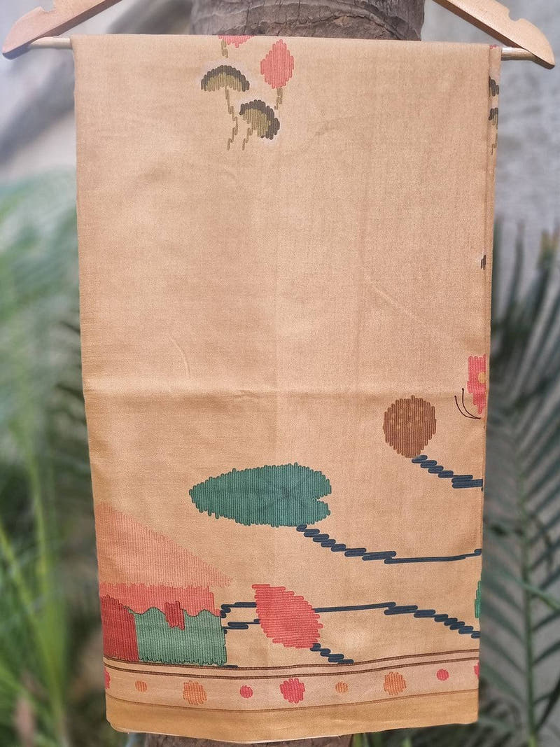 Gold Tussar Silk Saree With Freehand Ikkat Kalamkari Print