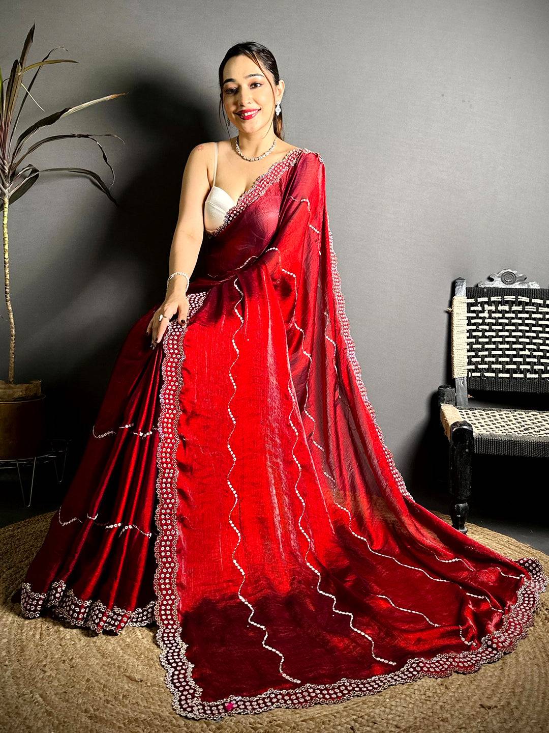 Red Pearl Stone Chiffon Satin Saree