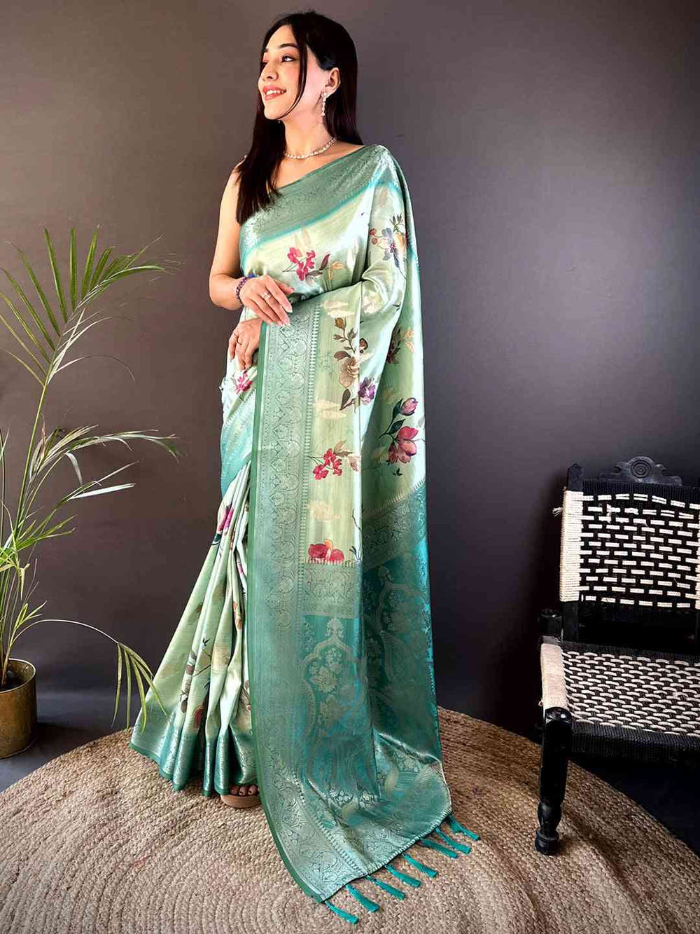 Mint Green Bamboo Silk Floral Saree