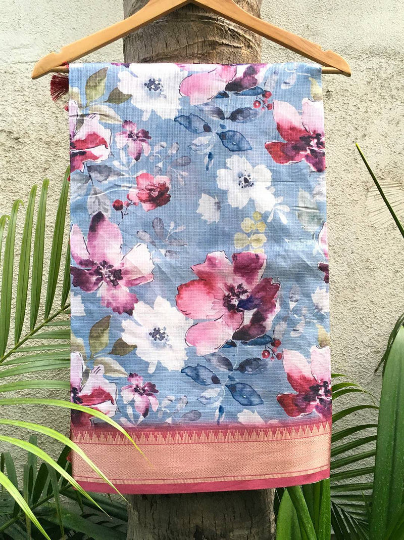 Sky Blue Kota Flower Digital Print Saree