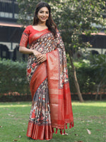Grey Hand Kalamkari Printed Pure Viscose Dola Silk Saree - Luxe