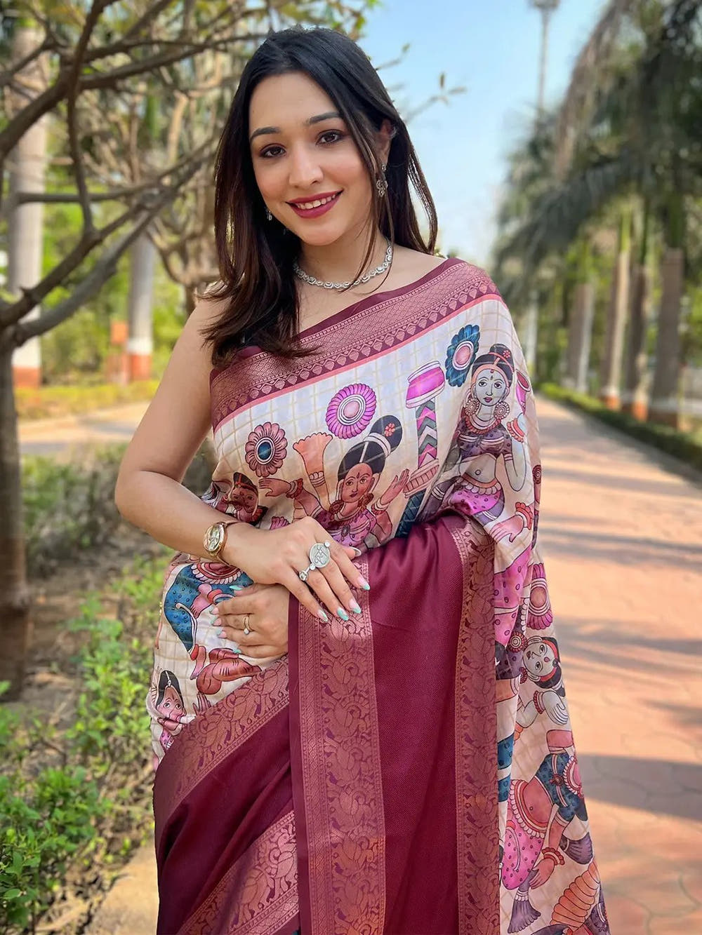 Off White Colour Double Border Chex Weaving Banarasi Soft Silk Saree