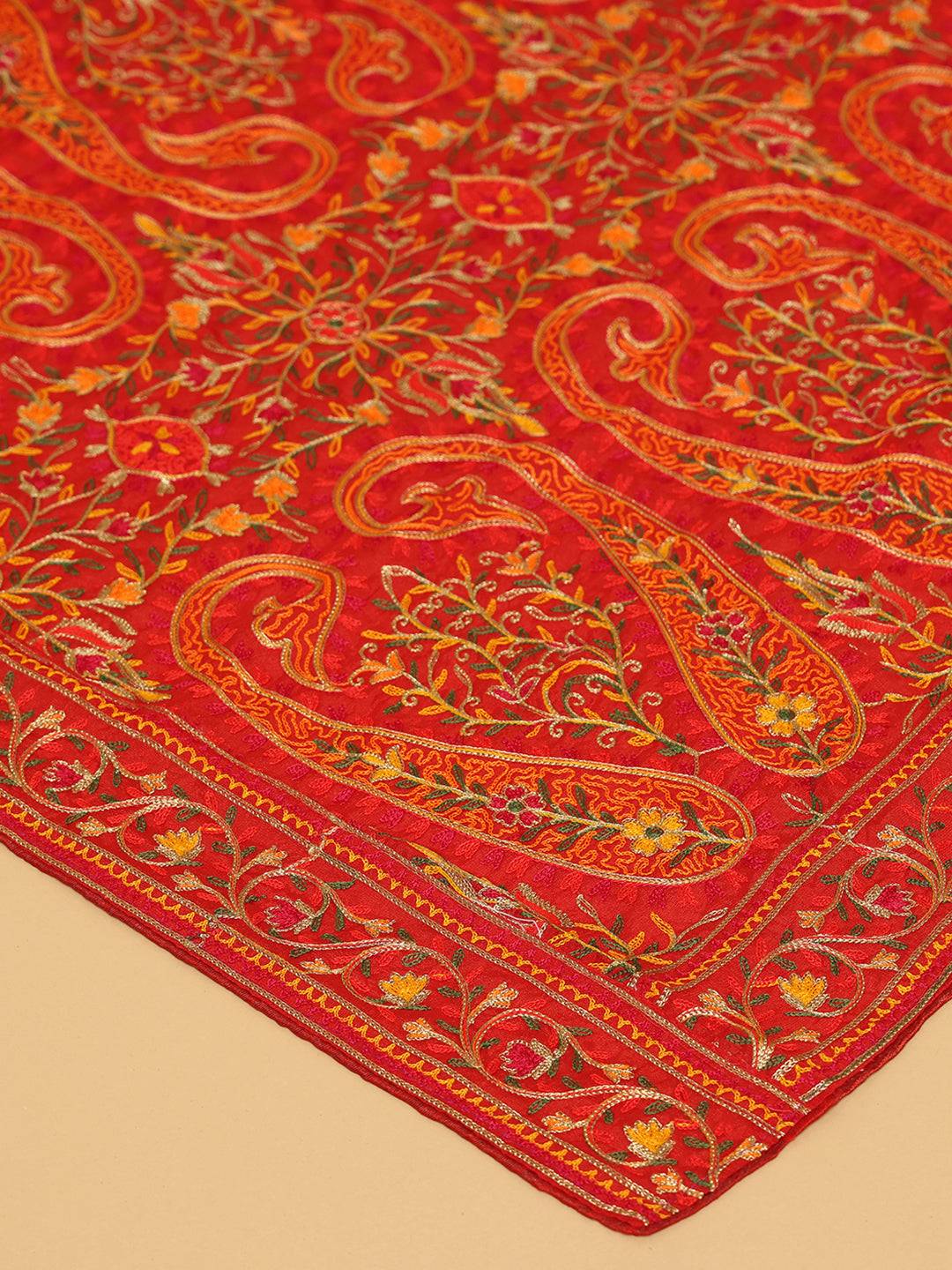 Red Ornate Paisley Medallion Pashmina Dupatta