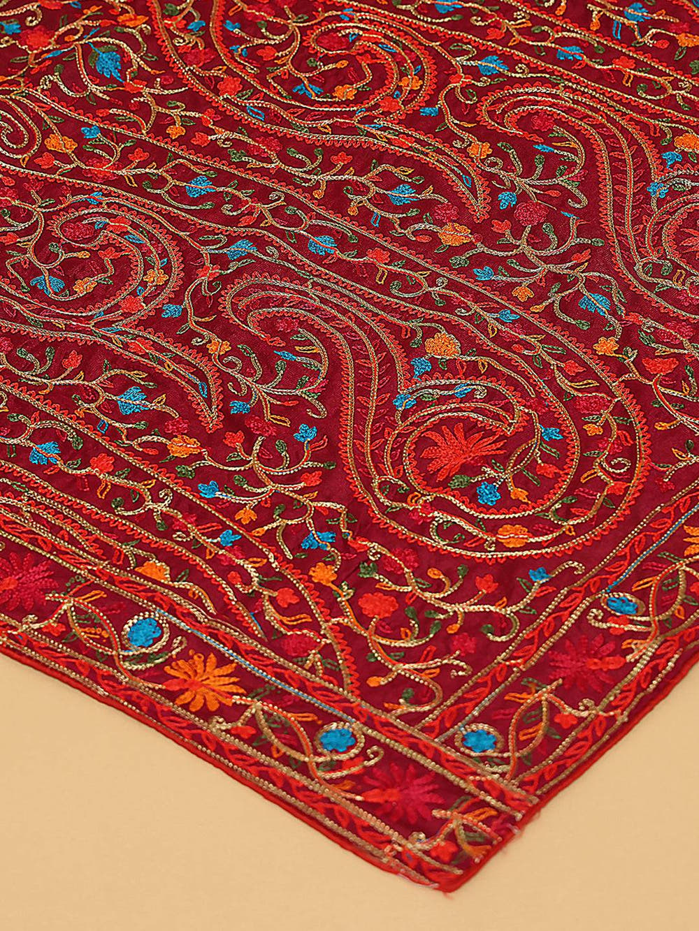Wine Allover Paisley Border Pashmina Dupatta
