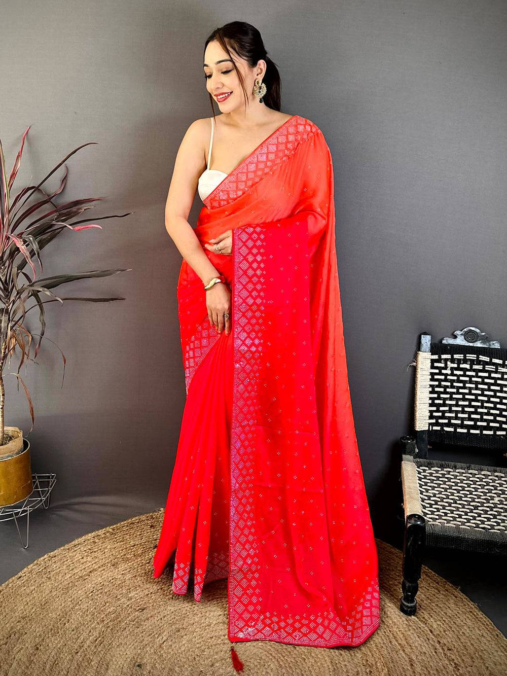 Stylish Satin Silk Stone Work Saree