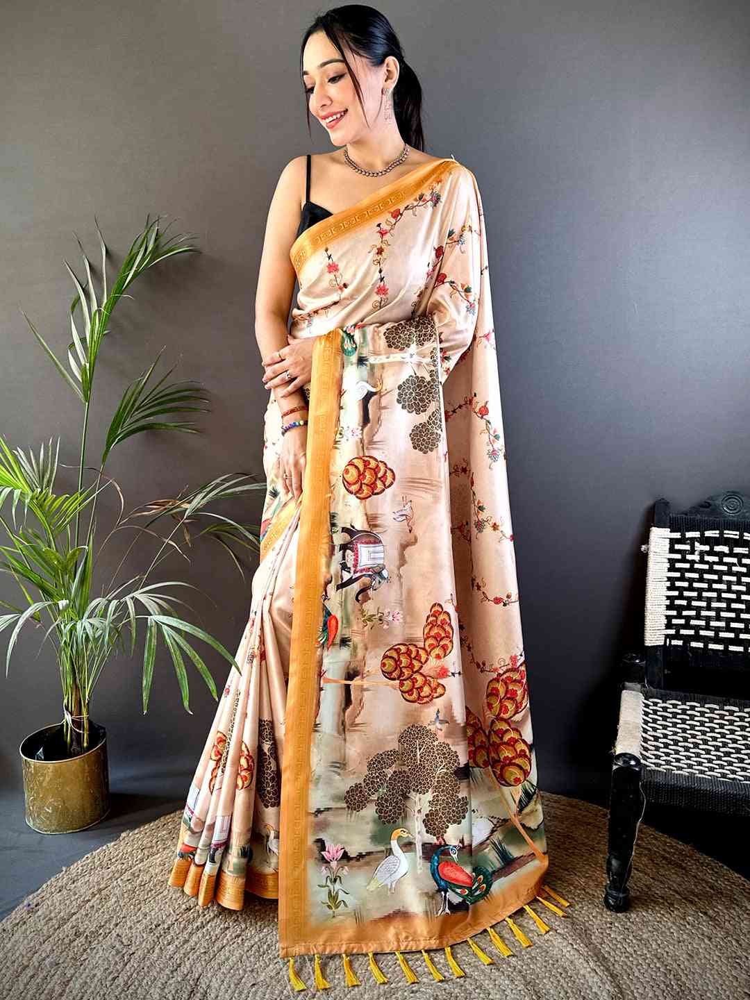Coral Jungle Printed Silk Saree