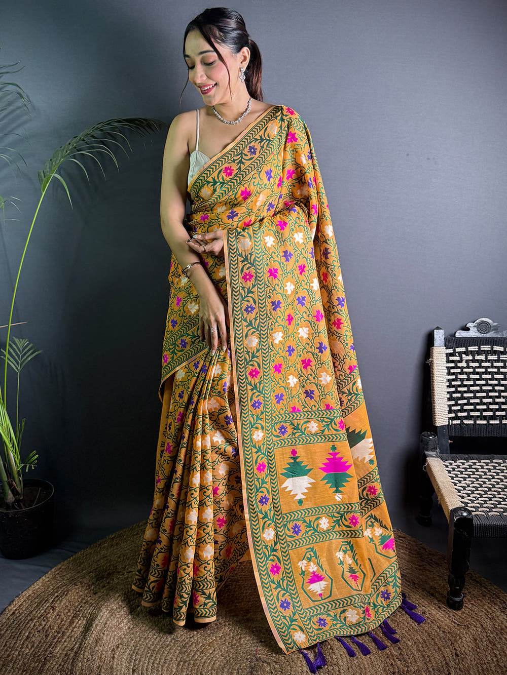 Olive Mustard Dhakai Jamdani Silk Saree
