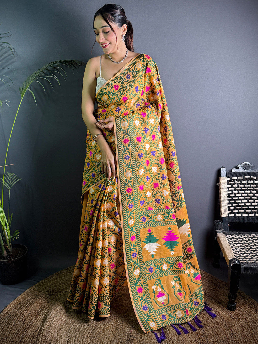 Olive Mustard Dhakai Jamdani Silk Saree