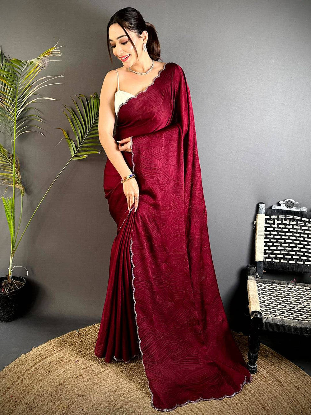 Red Stone Work Silk Crush Saree