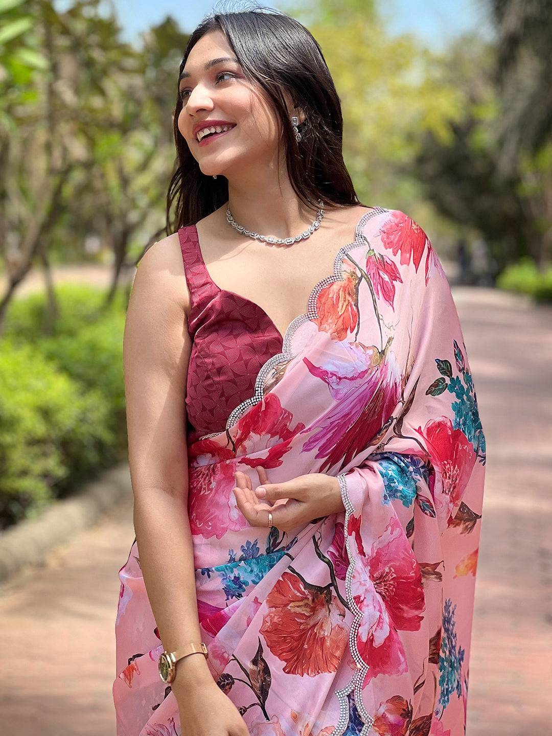 Peach Satin Georgette Floral Print Saree