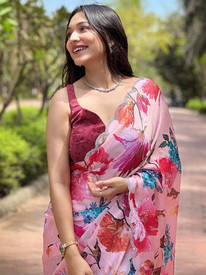 Peach Satin Georgette Floral Print Saree