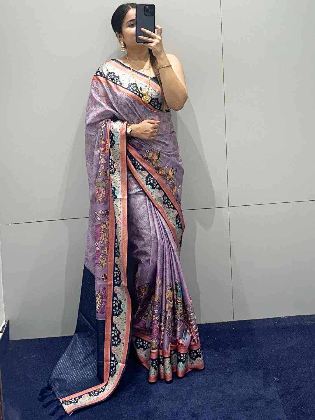 Purple Colour Satin Kota Doria Digital Kalamkari Zari Pallu
