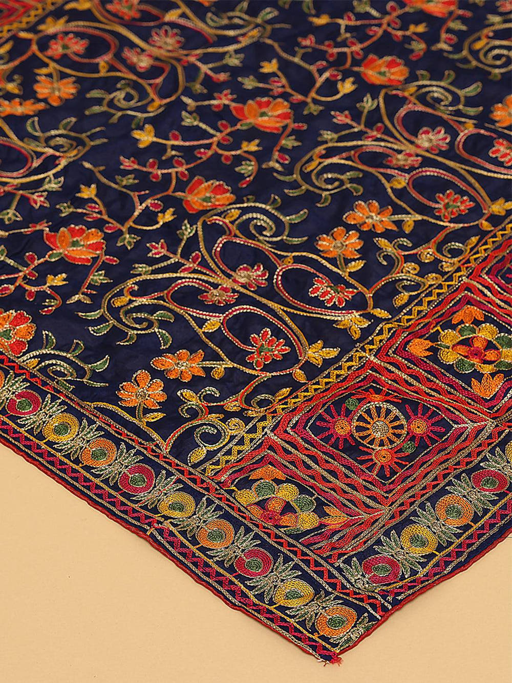 Navy Floral Border Pashmina Dupatta