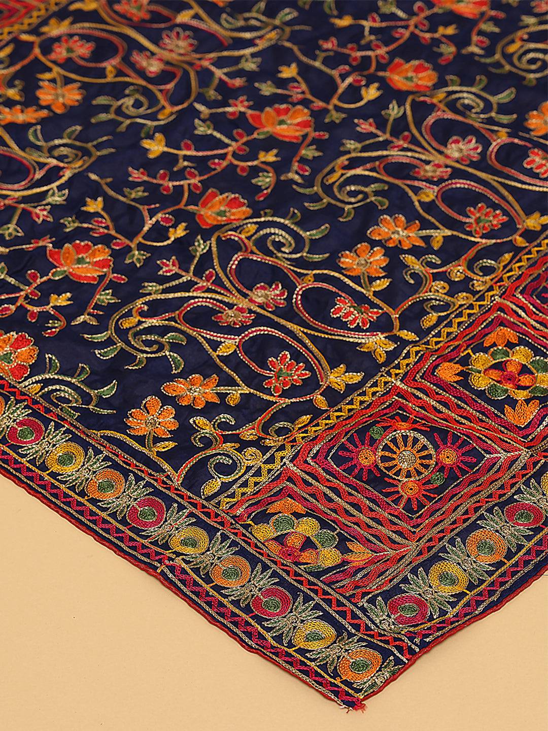 Navy Floral Border Pashmina Dupatta