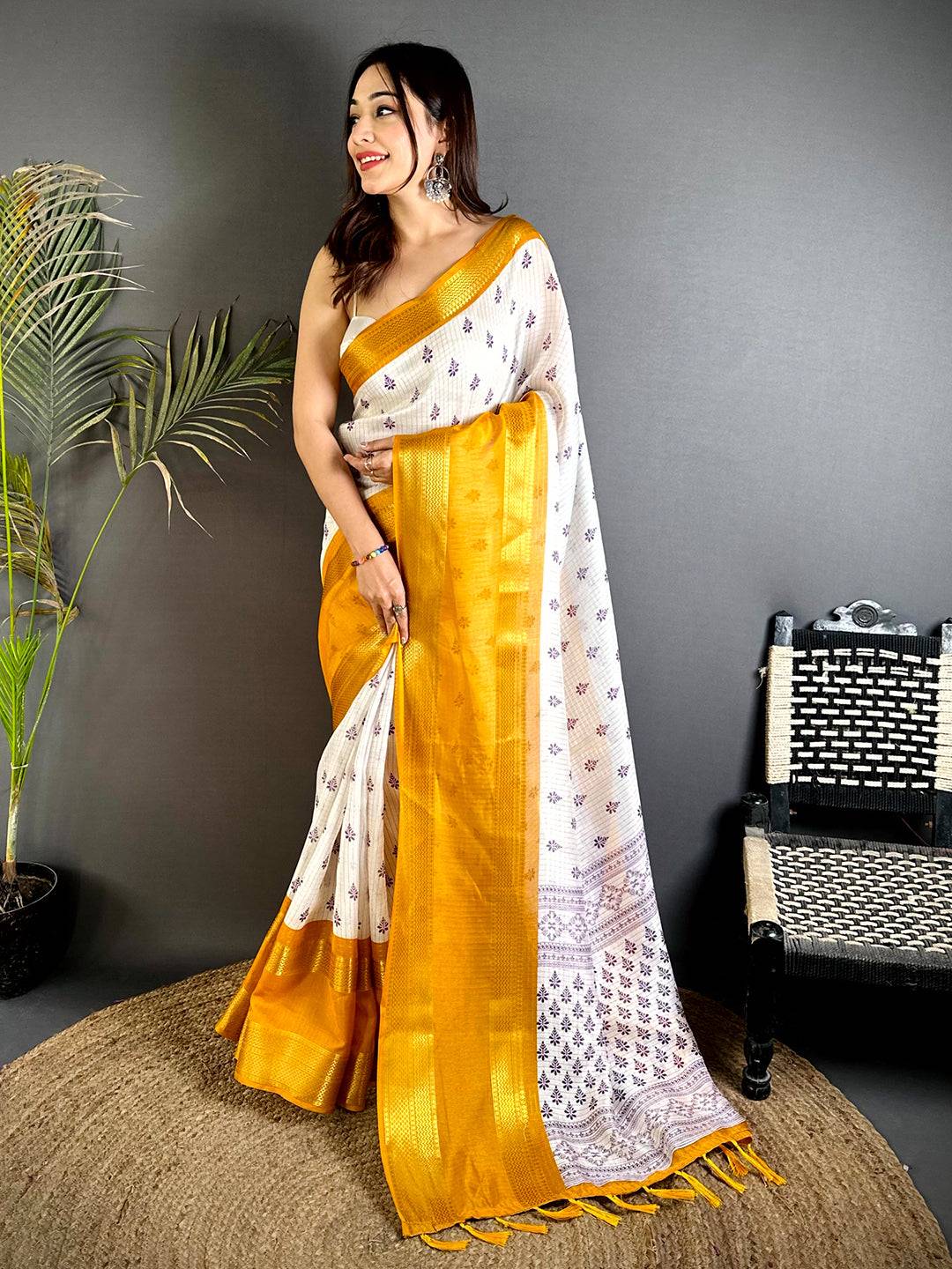 Yellow Marshmallow Ikkat Butti Saree
