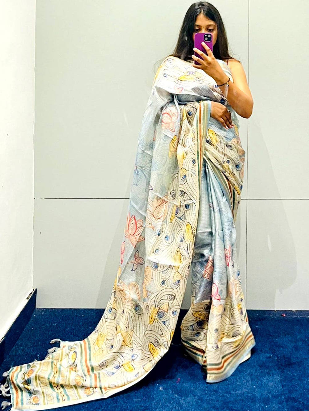 Sky Blue Kota Doriya Silk Saree With Floral Kalamkari Print