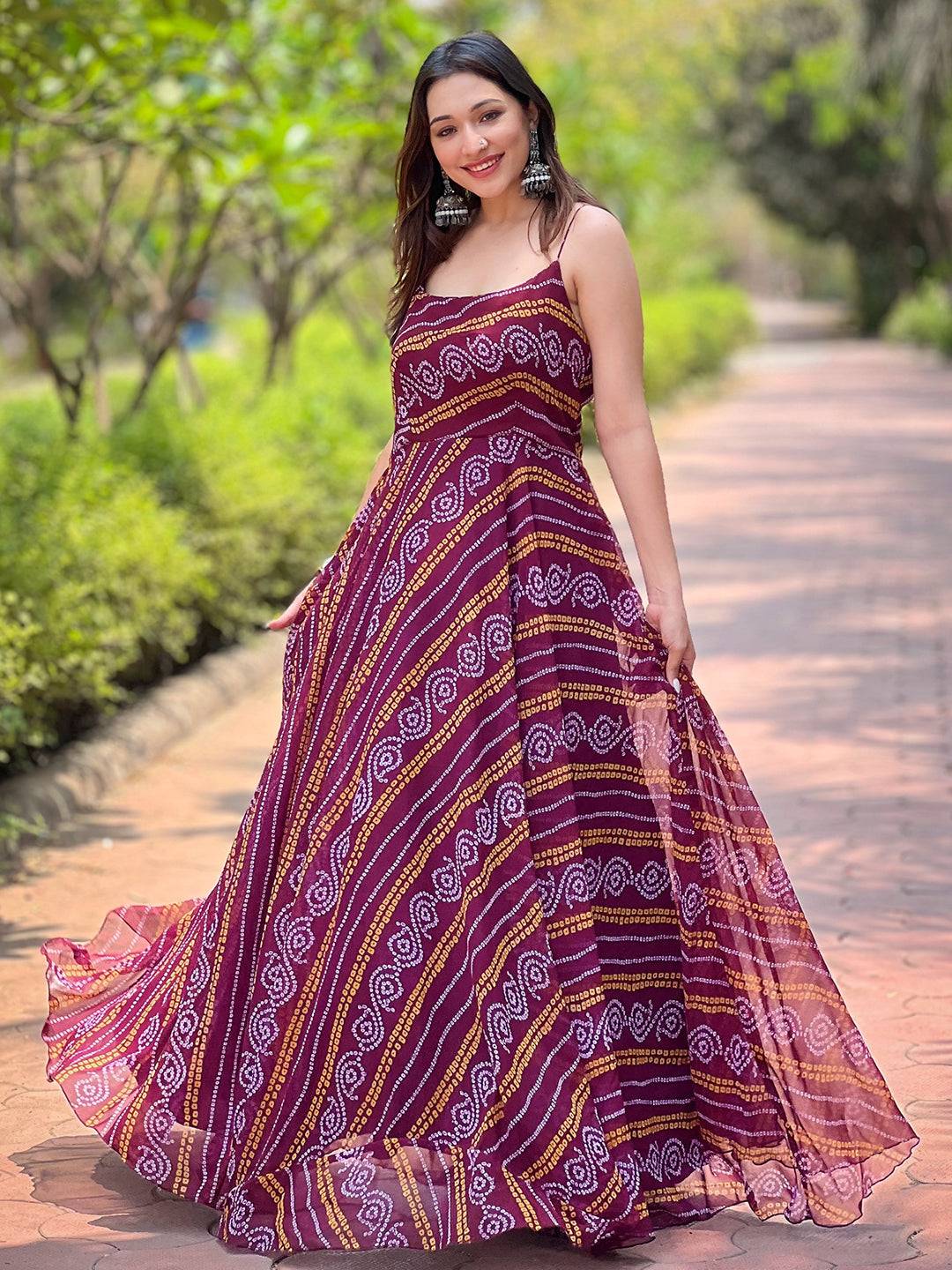 Wine Bandhej Printed Dress