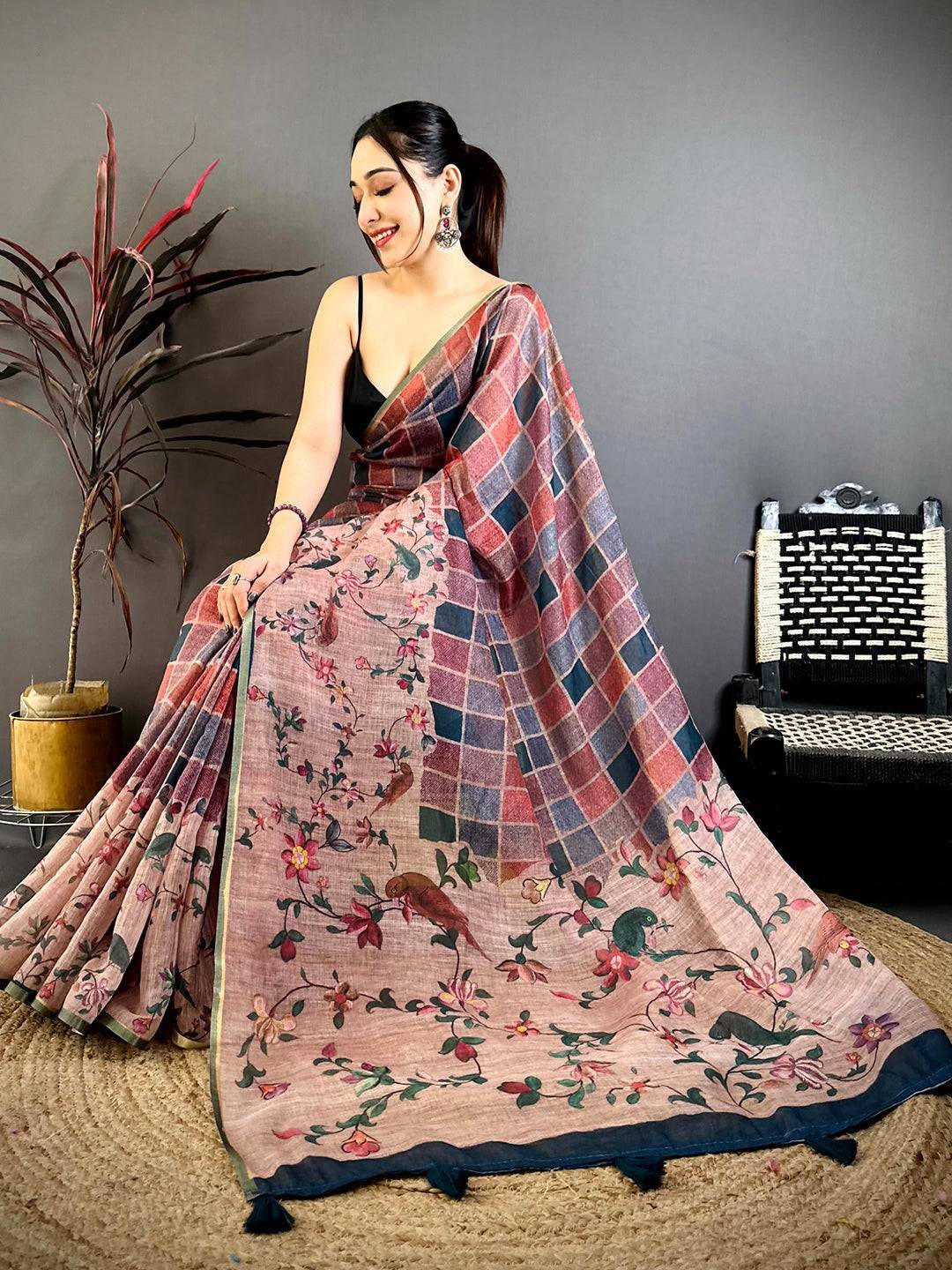 Classic Multicolor Block Print Linen Saree