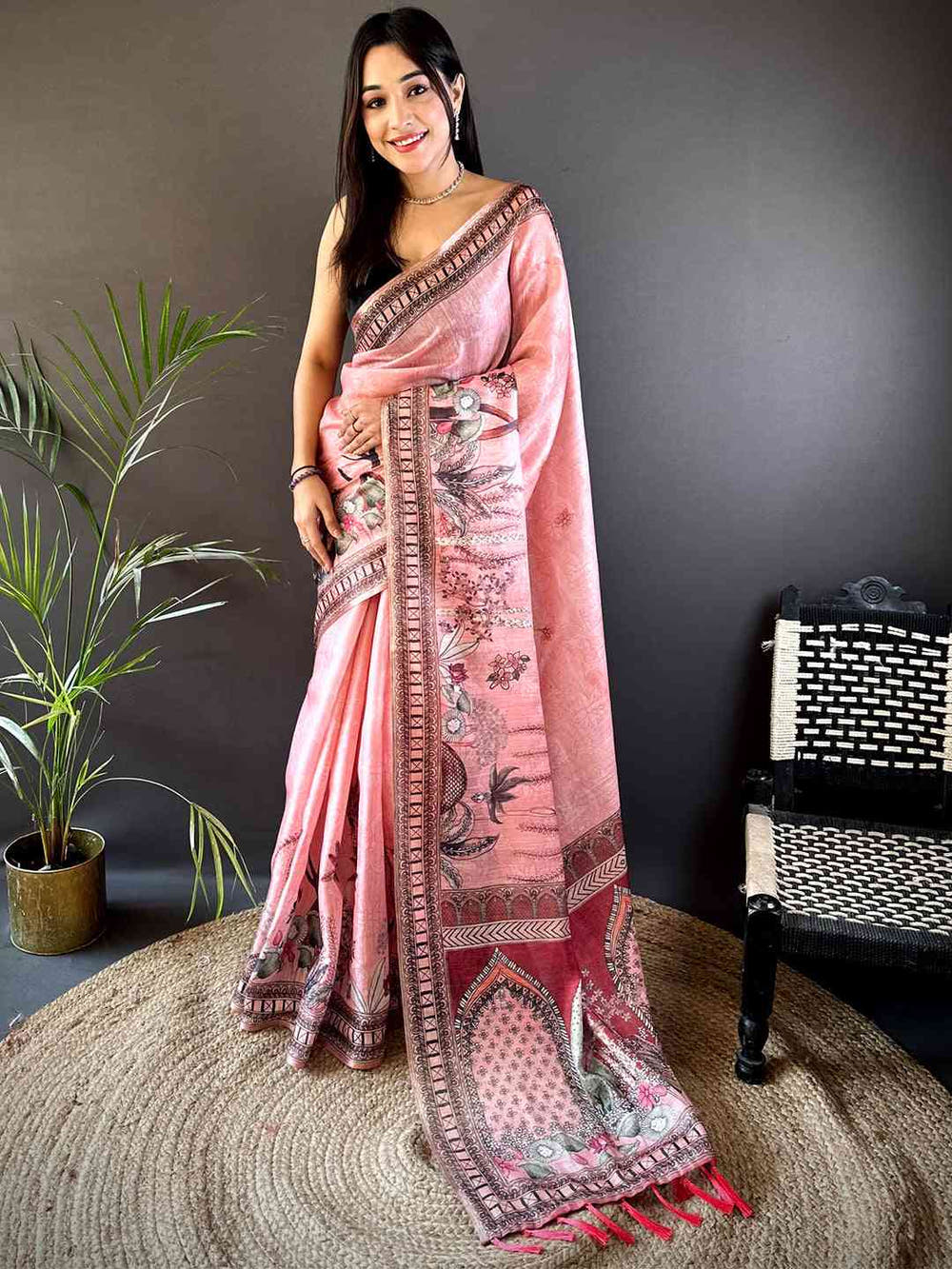Blush Pink Tissue Floral Leaf Print Saree