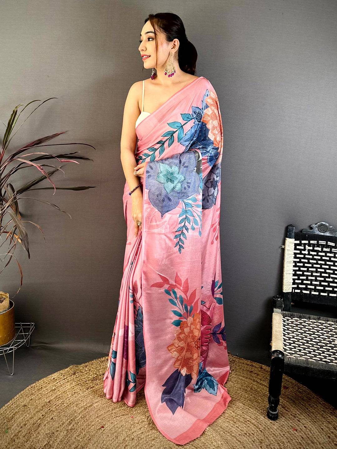 Pink Soft Chiffon Floral Stone Work Saree