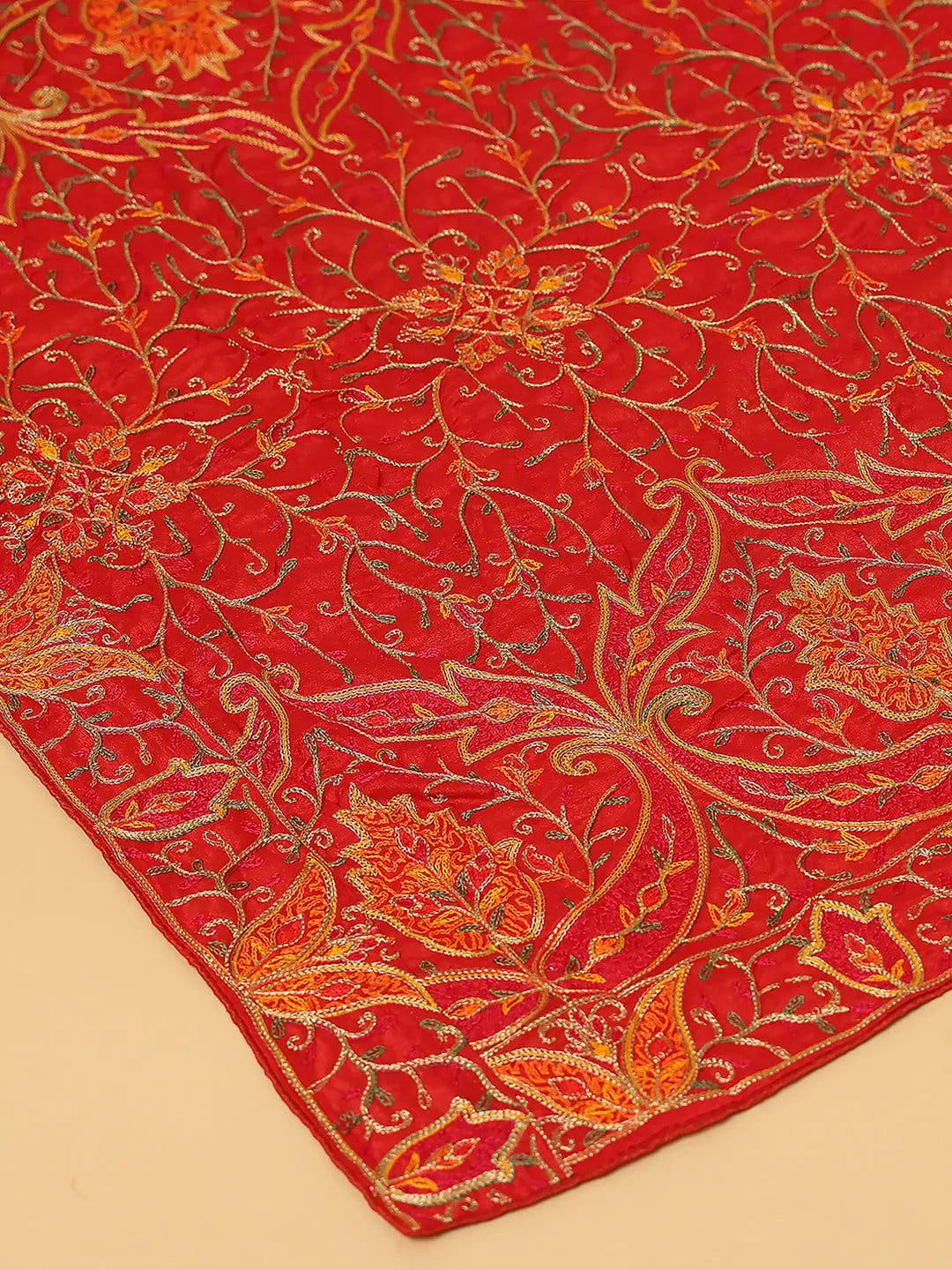 Red Fine Orange Floral Pashmina Dupatta
