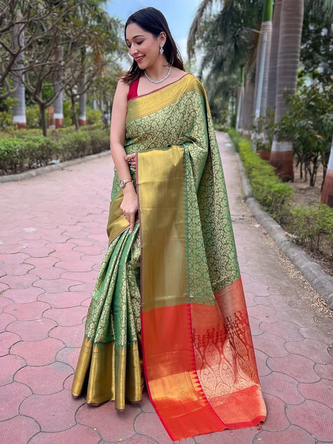Pista Colour One Gram Gold Tissue Saree With Jacquard Woven Work
