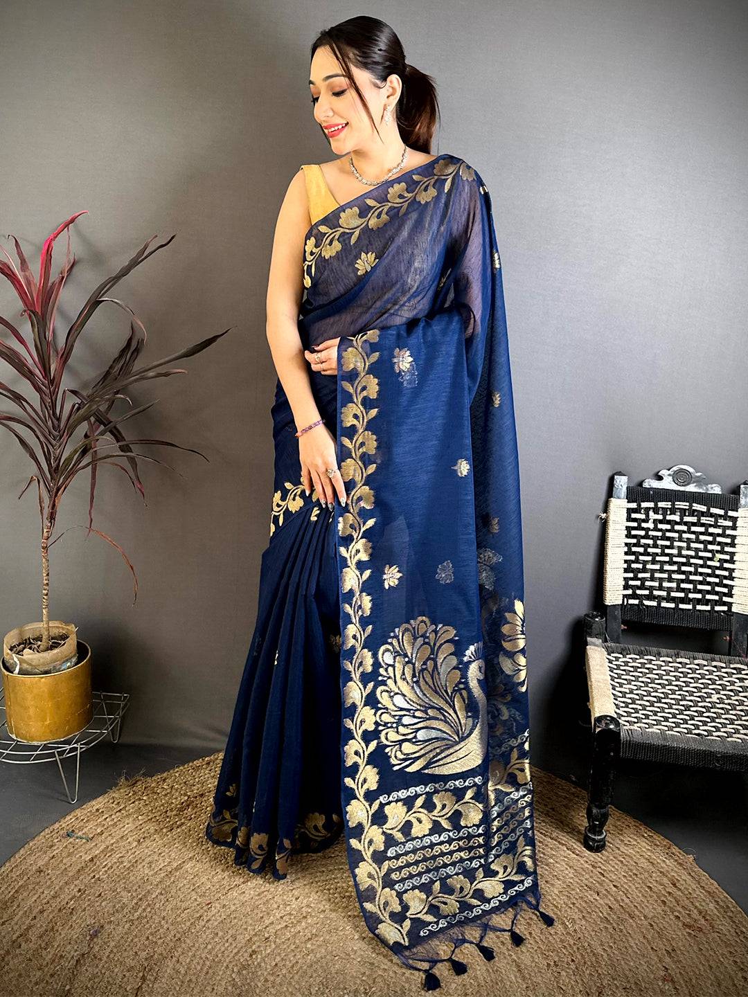 Navy Peacock Zari  Munga  Saree