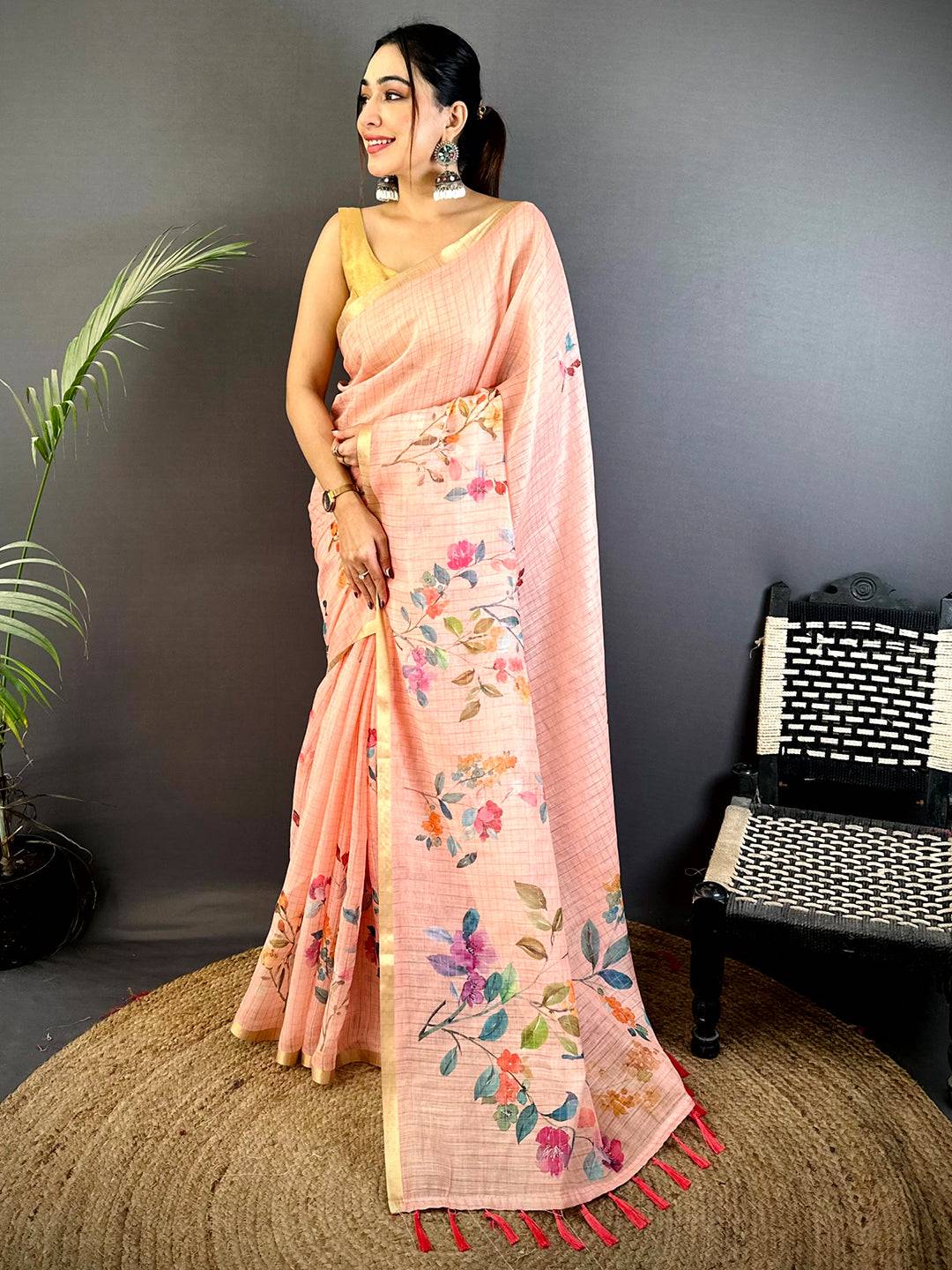 Peach Linen Chex Floral  Saree
