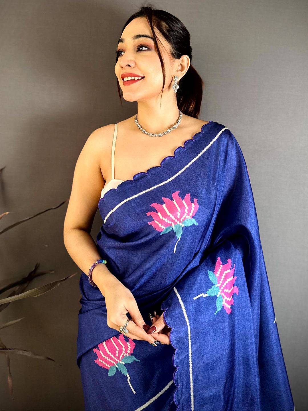 Regal Navy Tussar Thread Cut Work Saree