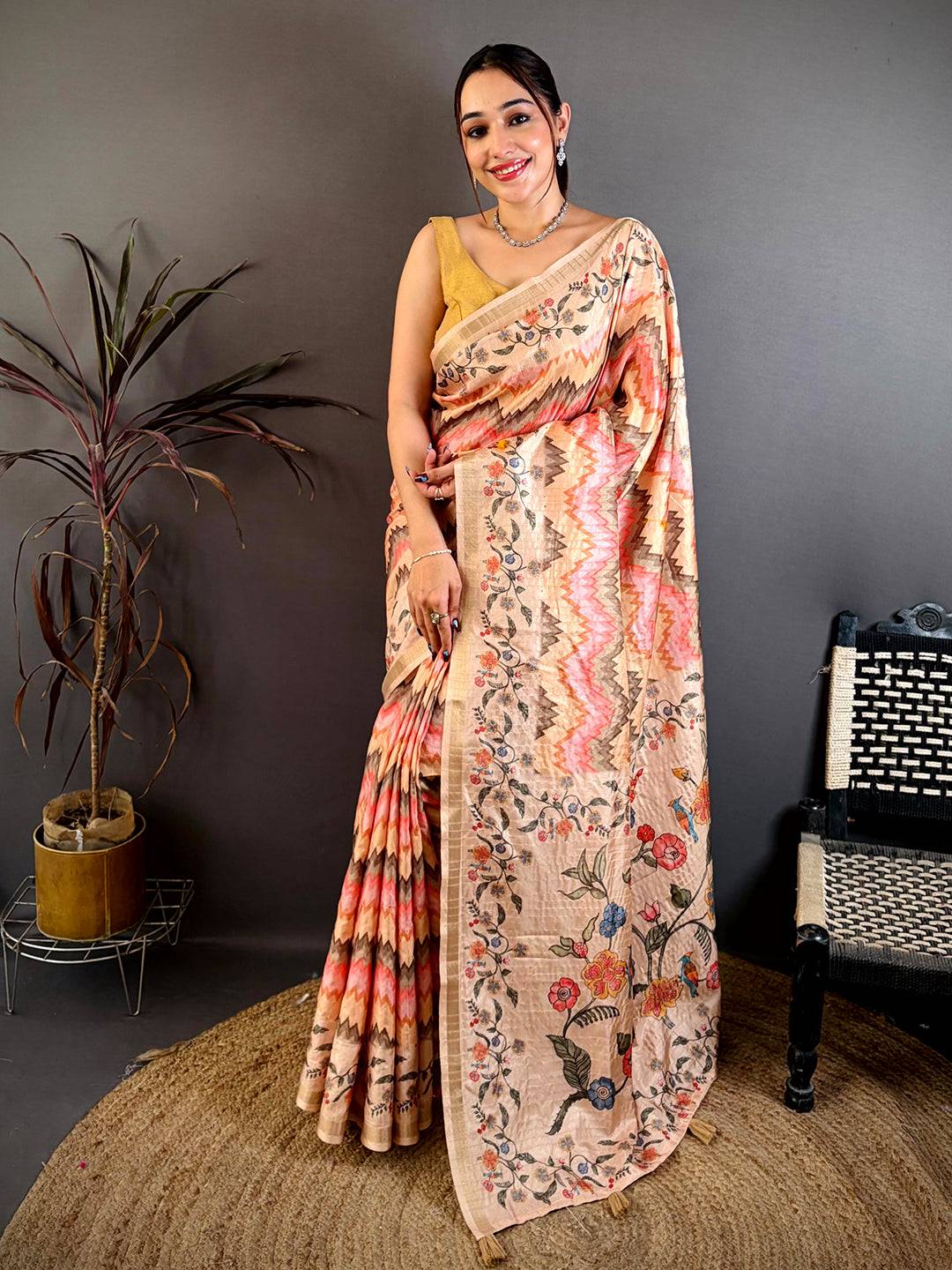 Heritage Kalamkari Ikkat Soft Tussar Saree