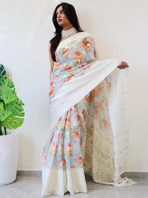 Multi Colour Digital Print Bollywood Saree in Lakhnavi Slub Pattern