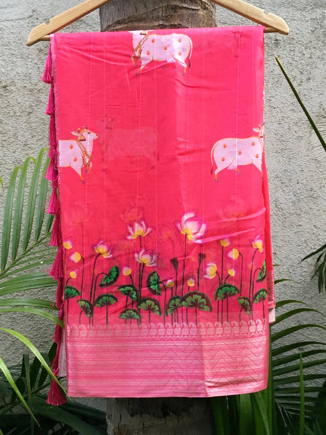 Hot Pink Organza Pichwai Print Saree