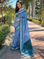 Satin Kota Doria Saree With Kalamkari Digital Print In Blue Colour