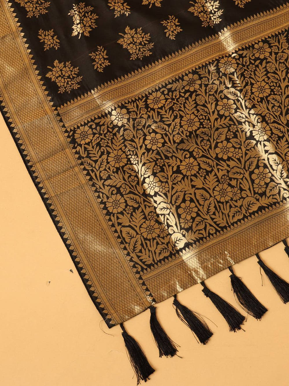 Woven Design Black Silk Blend Dupatta With Resham Tassels