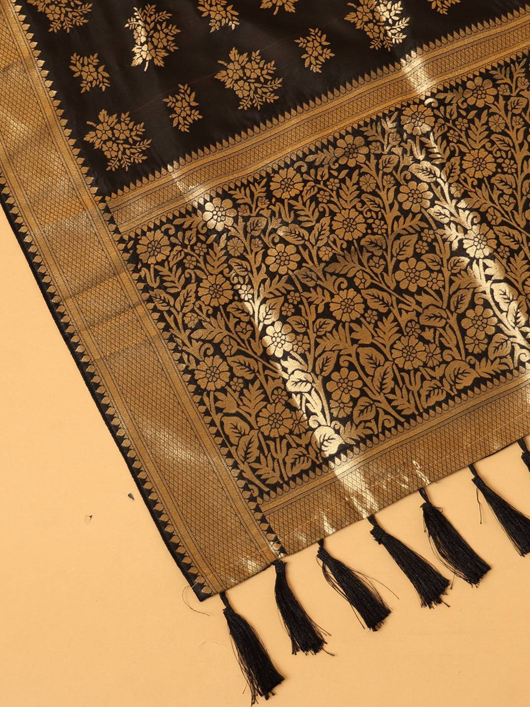 Woven Design Black Silk Blend Dupatta With Resham Tassels