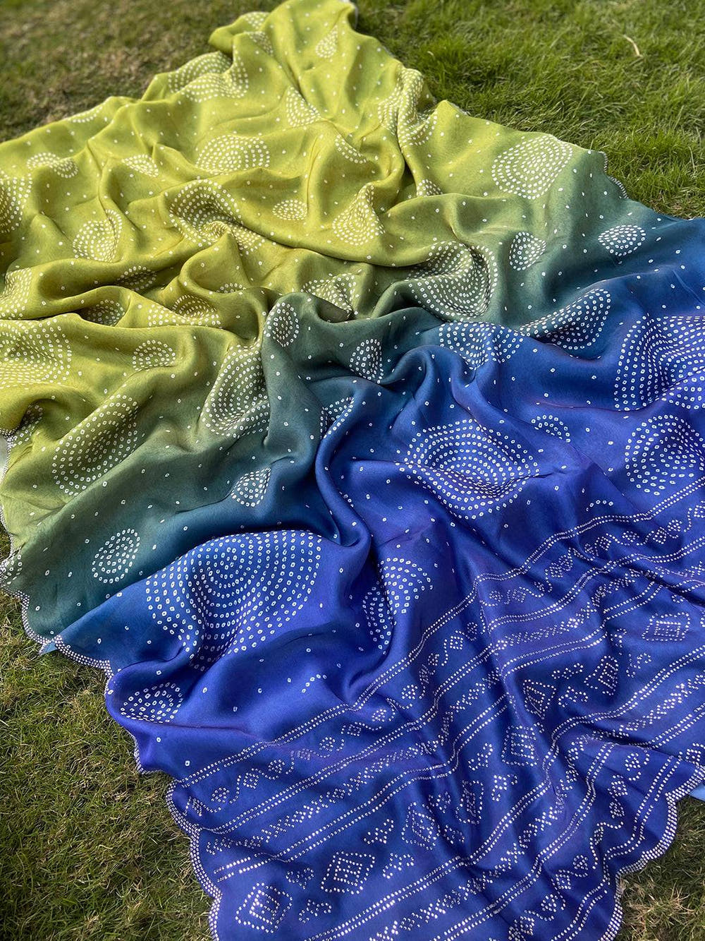 Lime Ombre Bandhej Georgette Silk Saree