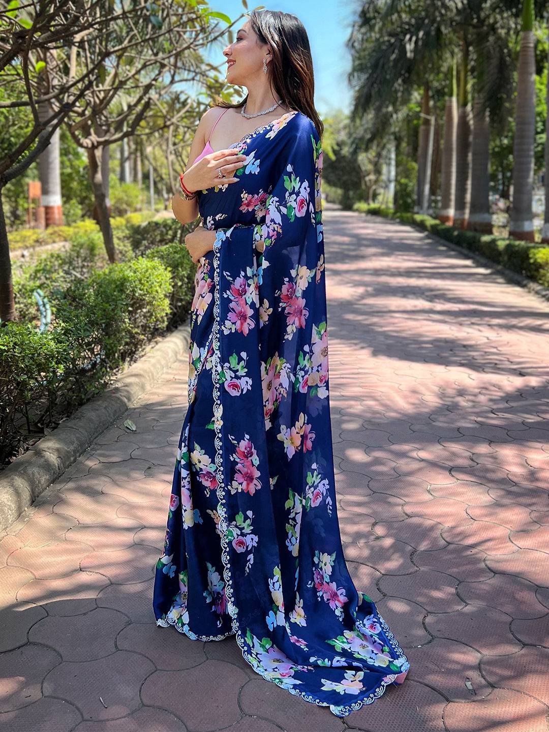 Navy Satin Georgette Floral Print Saree