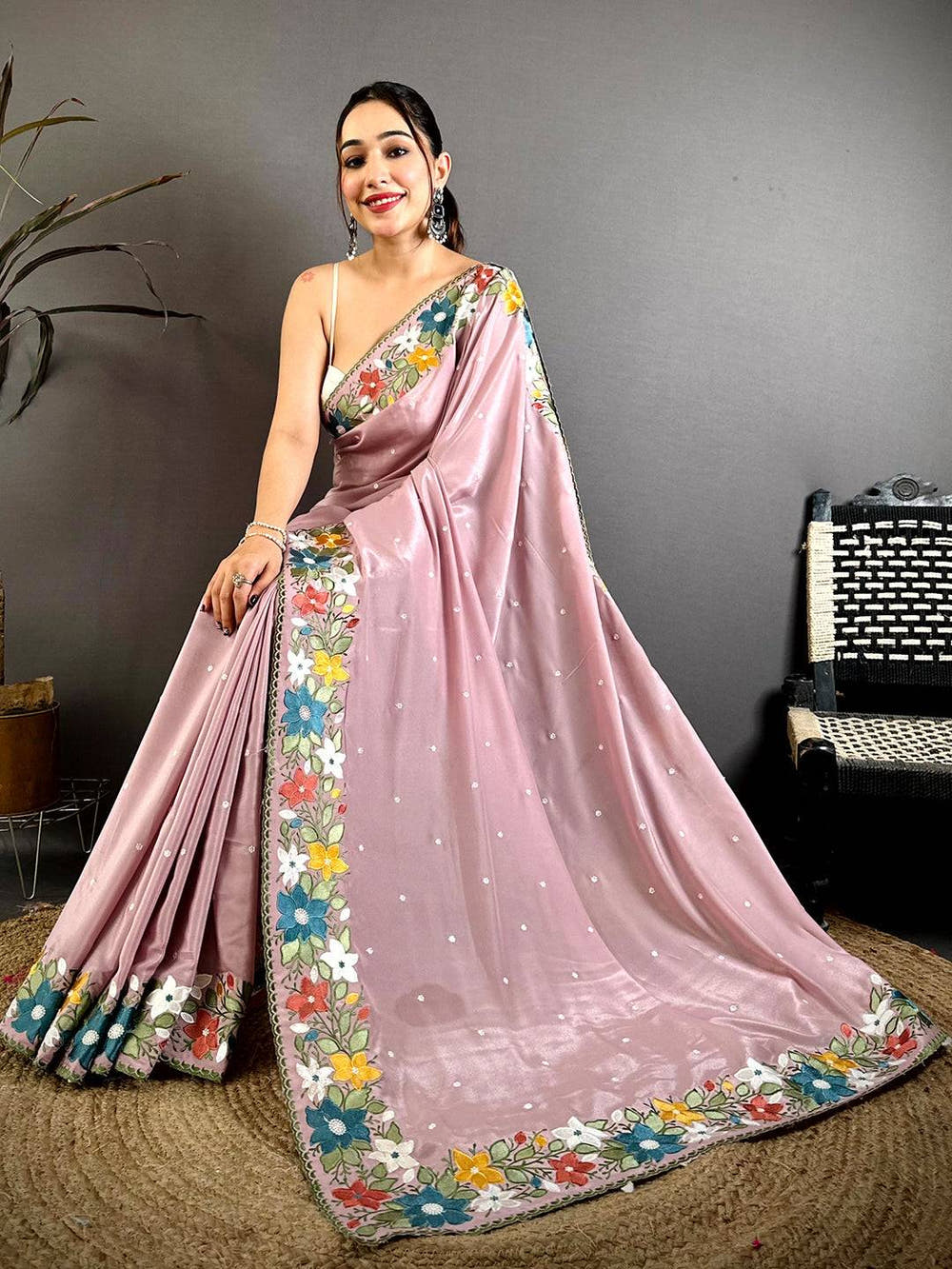 Celebrity Floral Embroidered Border Saree