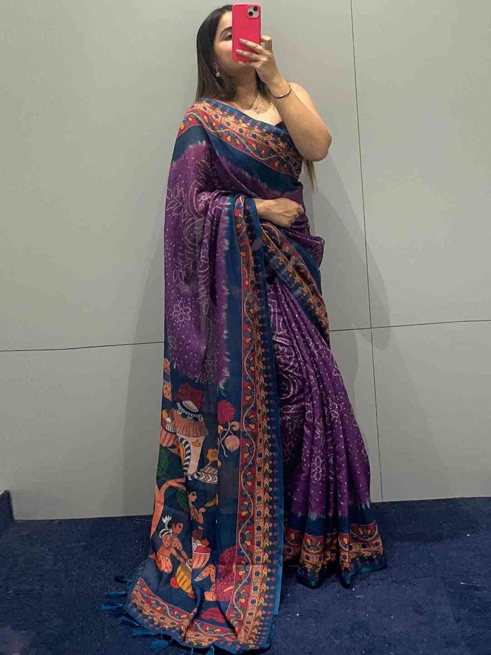 Purple Linen Bandhej Kalamkari Print Saree