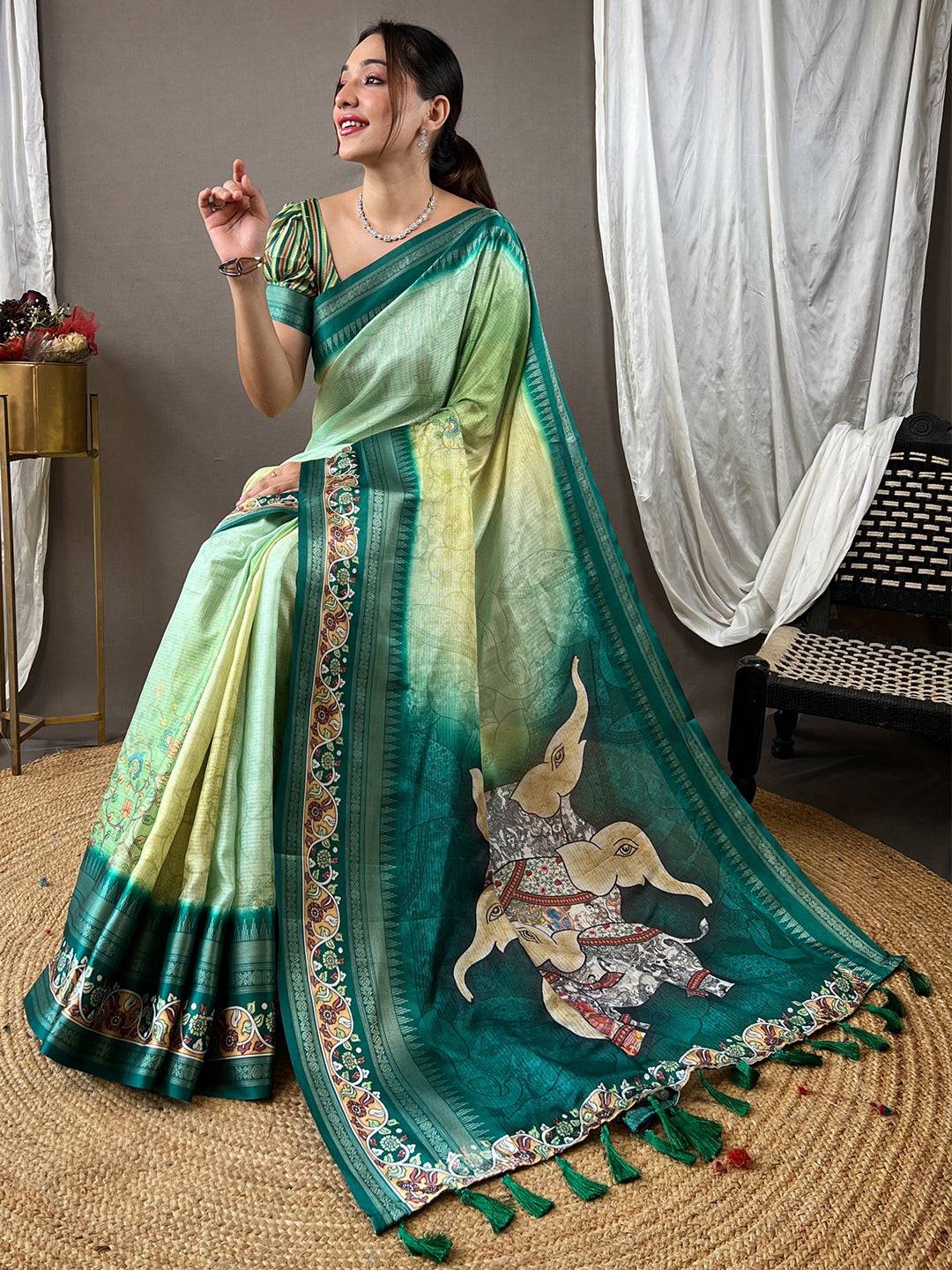 Emerald Green Kota Satin Border Saree