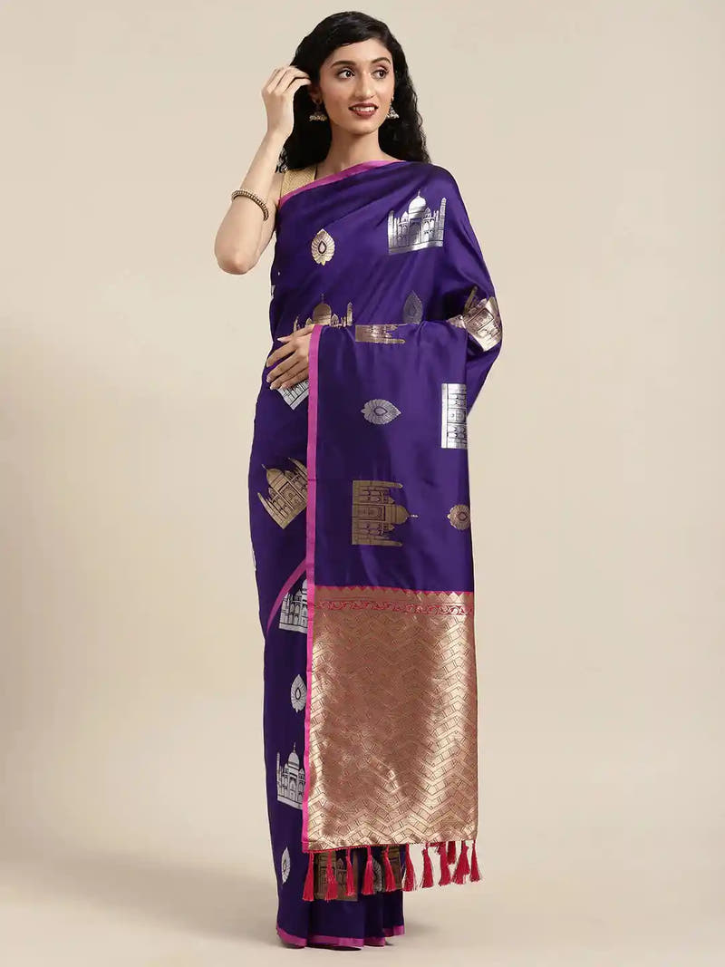 Trendy Navy Colour Silk Blend Woven Design Banarasi Saree
