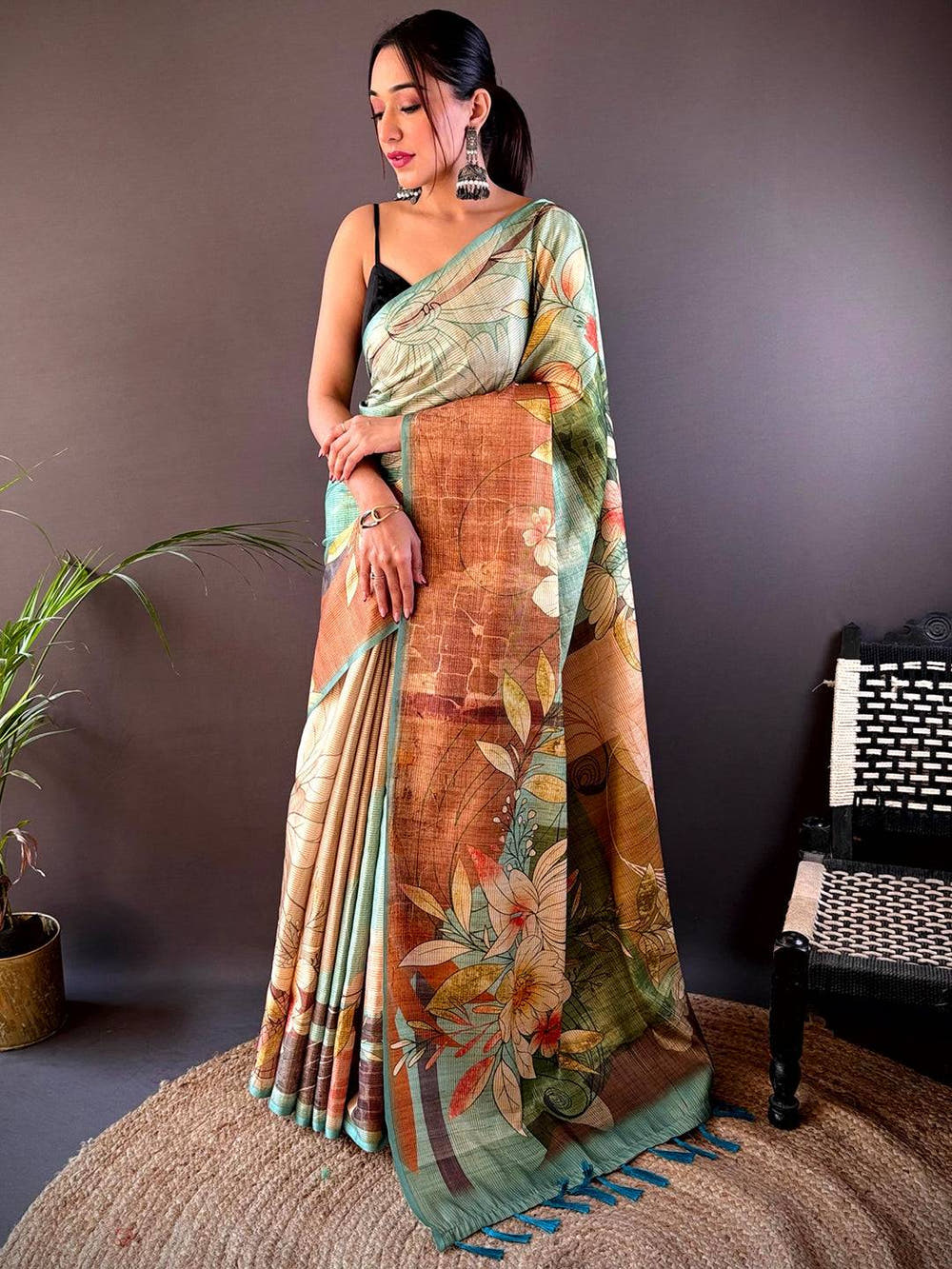Rama Blue Zari Tussar Floral Saree
