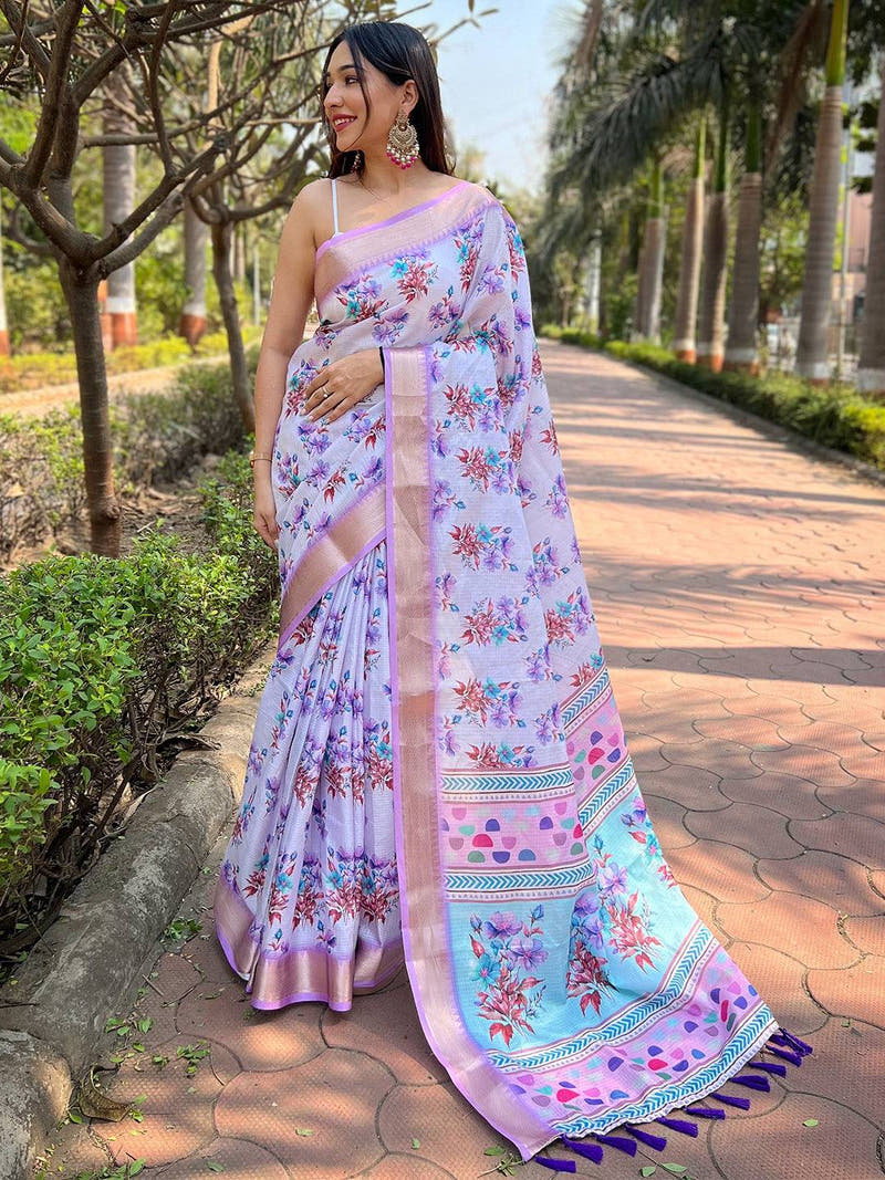 Light Purple Kota With Digital Floral Printed Saree